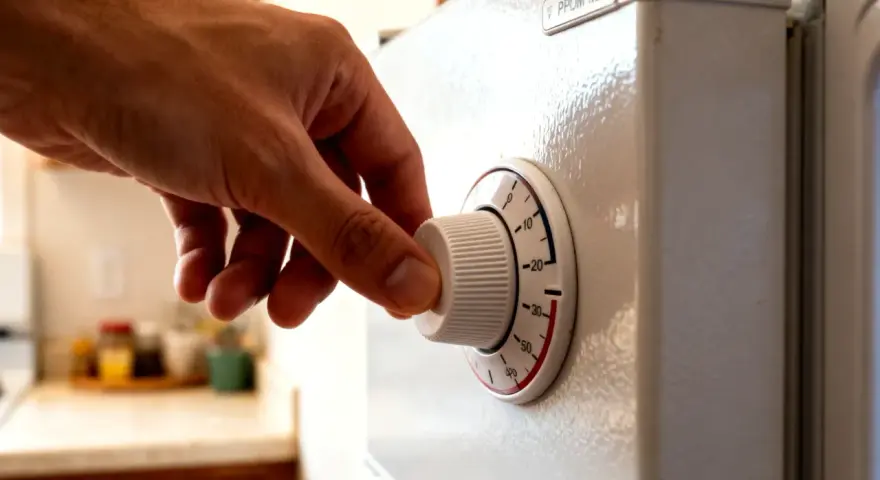 Dłoń kręci pokrętłem termostatu lodówki, ustawiając temperaturę.